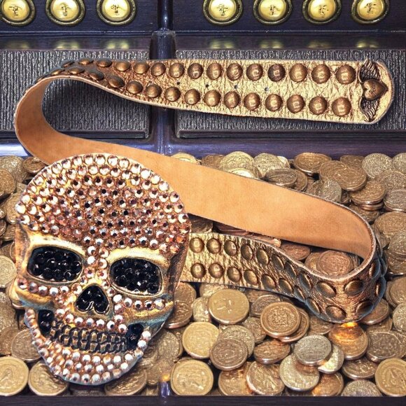 Bridget Shuster 2004 Skull Belt Gold Studded Leather Rhinestone w/ Skull Buckle - Picture 1 of 10